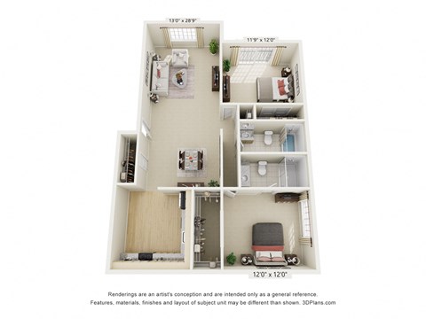 Floor plan for 2 beds, 2 baths, 1030 sqft